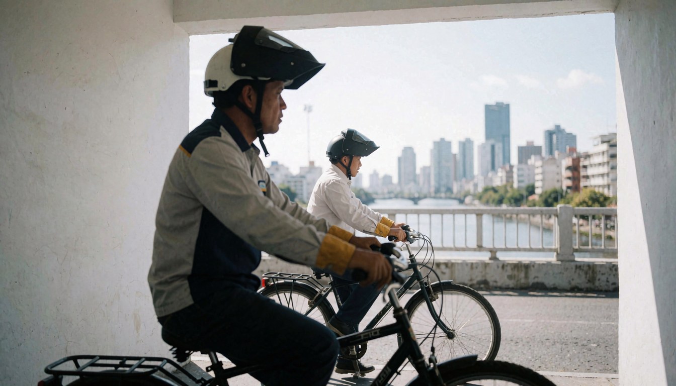 Deux cyclistes en taxi vélo portant casques et uniformes, circulant sur un pont avec un skyline urbain en arrière-plan, idéal pour les services de transport.