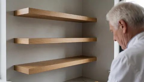 Un homme pose des étagères en bois sur un mur gris dans une cuisine moderne éclairée par la lumière naturelle du jour.