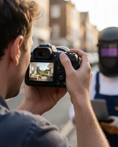 Photographe professionnel prenant en photo un client portant un casque de soudeur dans une rue urbaine au coucher du soleil, scène réaliste pour un atelier de photographie.