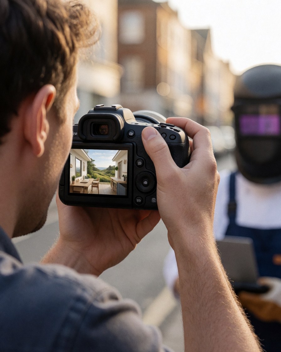 Photographe professionnel prenant en photo un client portant un casque de soudeur dans une rue urbaine au coucher du soleil, scène réaliste pour un atelier de photographie.