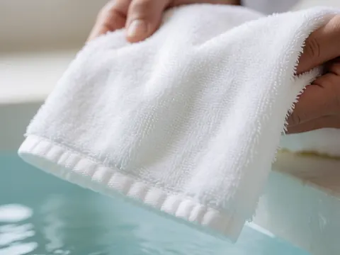 Mains tenant une serviette blanche à couture propre près d'eau de piscine, détail de texture douce et propre.