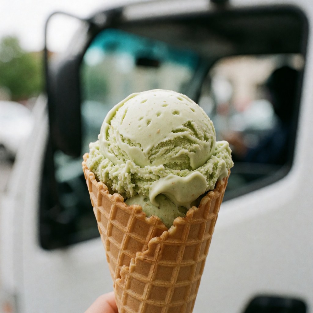 Un cône en gaufre contenant de la glace verte, tenu devant un camion blanc sous une lumière naturelle, adapté à la promotion d'un commerce de glaces.