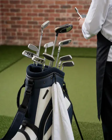 Sac de golf contenant des putters et une serviette blanche posé sur l'herbe devant un mur de briques, évoquant la pratique du golf.
