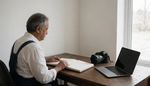 Un photographe documentaire examine des images dans un carnet ouvert posé sur une table en bois, avec un appareil photo et un ordinateur portable à proximité dans un bureau minimaliste.