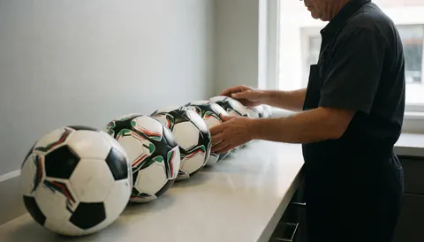 Un employé d'un club sportif range des ballons de football sur un comptoir de location, baigné de lumière naturelle avec des murs gris en arrière-plan.