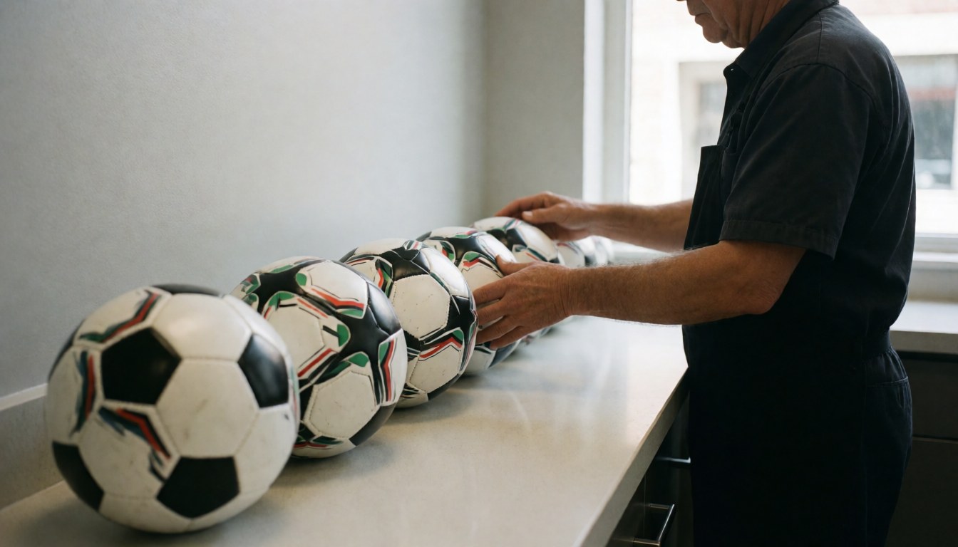 Un employé d'un club sportif range des ballons de football sur un comptoir de location, baigné de lumière naturelle avec des murs gris en arrière-plan.