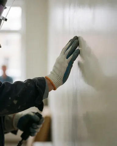 Une main portant un gant de travail effleure la surface d'un mur fraîchement peint en finition perlée, éclairée par une lumière naturelle avec un arrière-plan flou.