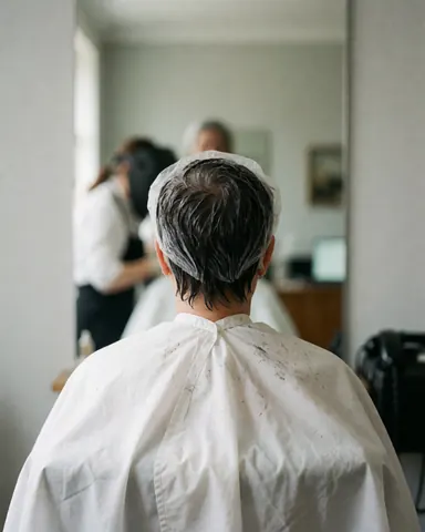 Une cliente assise dans un salon de coiffure, vêtue d'une cape blanche et d'un bonnet en plastique, pendant qu'elle reçoit un traitement pour les cheveux.