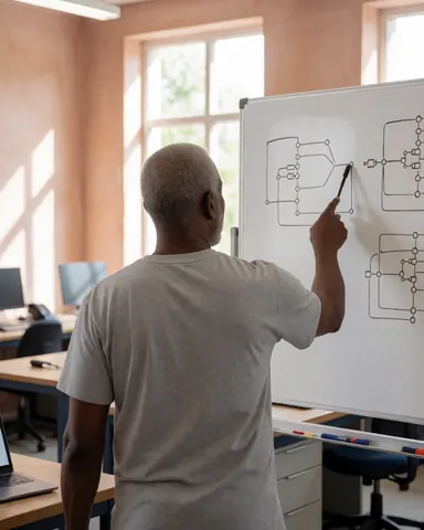 Un instructeur de robotique explique des circuits et des diagrammes sur un tableau blanc dans une classe éclairée par la lumière naturelle avec des tables de travail.