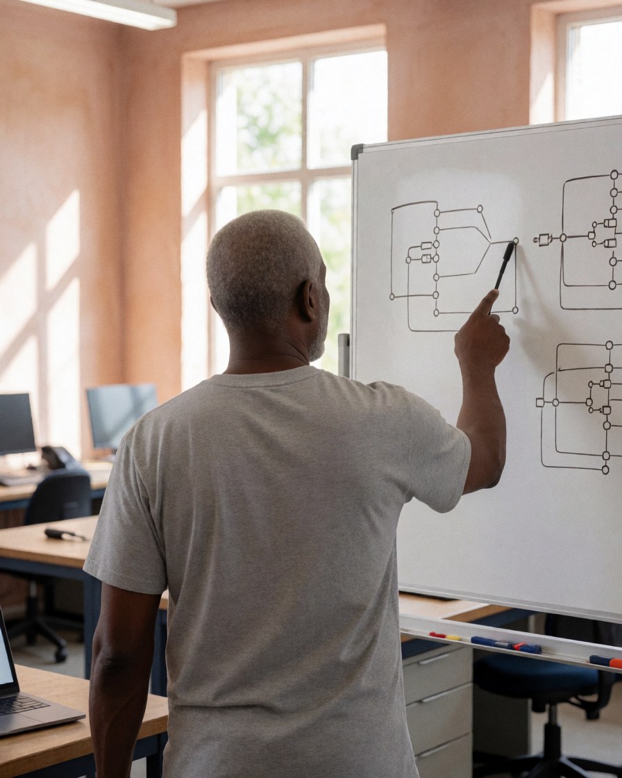 Un instructeur de robotique explique des circuits et des diagrammes sur un tableau blanc dans une classe éclairée par la lumière naturelle avec des tables de travail.