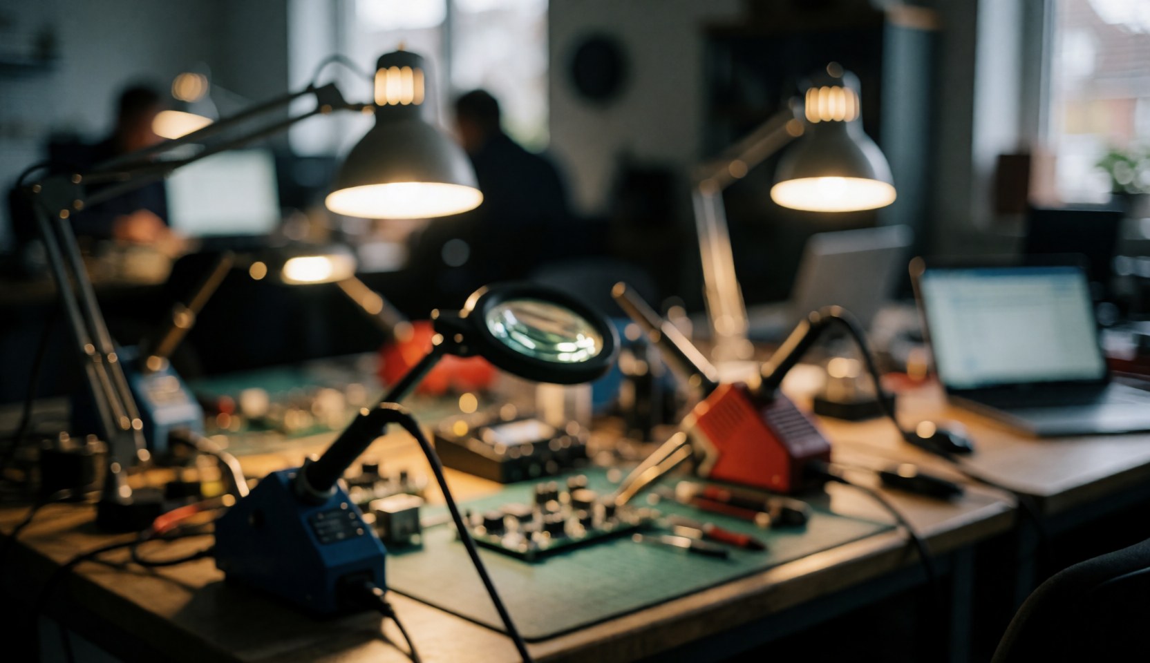 Bureau d'atelier éclairé par une lampe de bureau, montrant une loupe, un fer à souder et une carte électronique pour la réparation de matériel informatique.