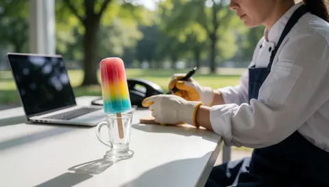Une glace aux couleurs vives servie dans un verre en cristal posé sur une table blanche, avec une personne de dos travaillant sur un ordinateur portable dans un parc.