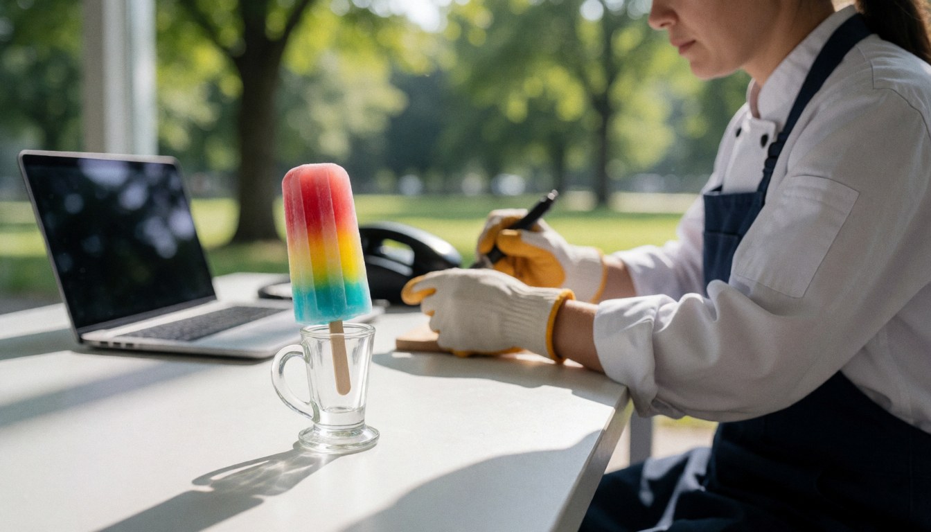 Une glace aux couleurs vives servie dans un verre en cristal posé sur une table blanche, avec une personne de dos travaillant sur un ordinateur portable dans un parc.