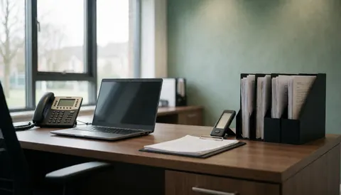 Bureau moderne avec ordinateur portable, téléphone et dossiers médicaux, idéal pour une clinique de sport.