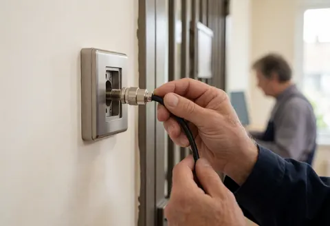 Main d'un technicien branchant un câble coaxial sur une prise d'interphone vidéo murale, dans le cadre d'une installation de système de sécurité.