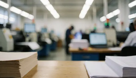 Piles de papier au premier plan avec des machines d'impression et des lumières de bureau floues en arrière-plan, idéal pour un fond de texte en impression graphique.