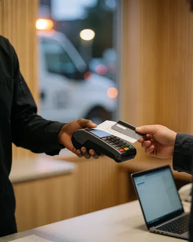 Une main tend une carte bancaire à un terminal de paiement dans un bureau, avec un camion remorqueur visible en arrière-plan lors d'une transaction.