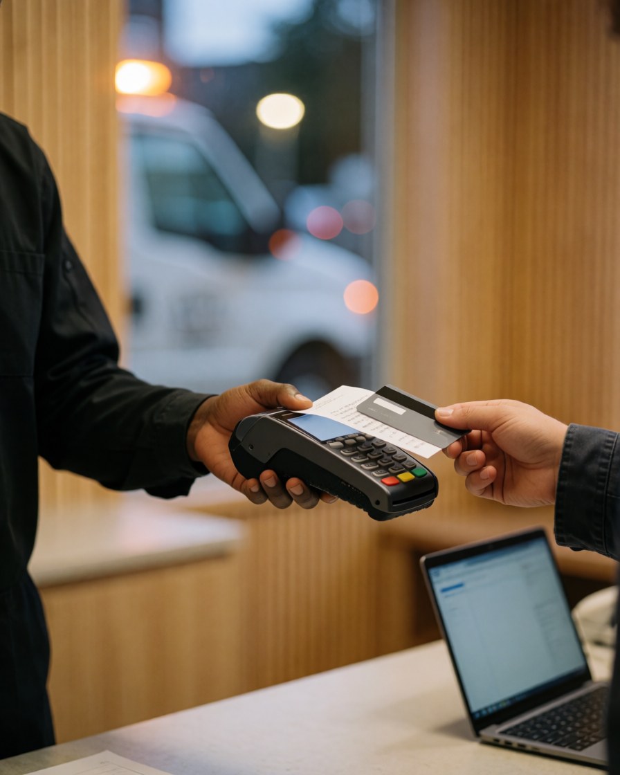 Une main tend une carte bancaire à un terminal de paiement dans un bureau, avec un camion remorqueur visible en arrière-plan lors d'une transaction.