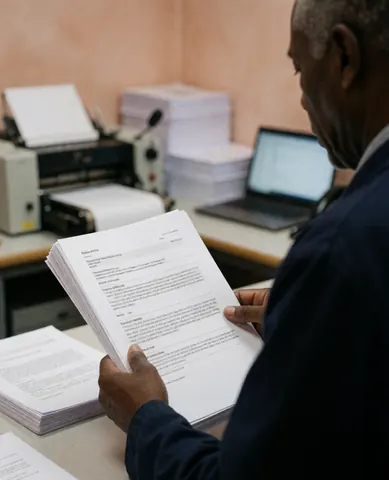 Un client consulte une pile de documents imprimés dans un centre de reprographie, avec une machine à relier et un ordinateur portable en arrière-plan.