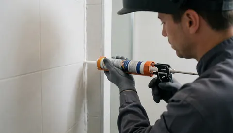 Un professionnel applique du mastic sur une jonction murale carrelée de blanc, tenant un pistolet à silicone, dans un environnement propre et bien éclairé.