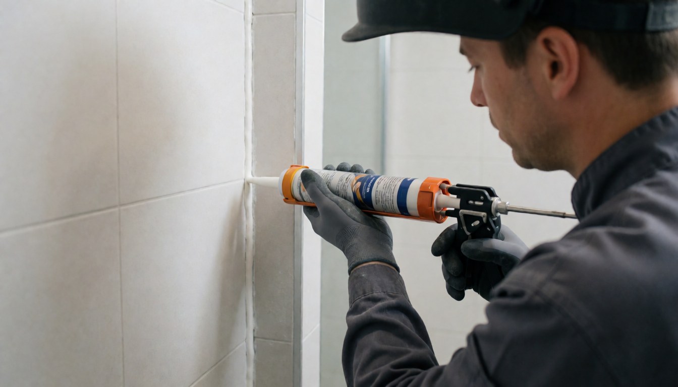 Un professionnel applique du mastic sur une jonction murale carrelée de blanc, tenant un pistolet à silicone, dans un environnement propre et bien éclairé.
