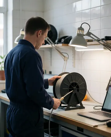 Technicien en atelier organisant une bobine de câble RG-6, murs de carreaux blancs et lumières de travail pour services d'installation d'antennes.