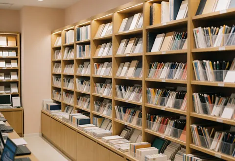 Des étagères en bois contenant des cahiers, des stylos et des classeurs dans un magasin de papeterie aux murs beiges et à l'éclairage chaleureux.