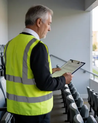 Agent de sécurité portant un gilet réfléchissant inspectant les places dans un stade moderne avec une lumière naturelle et un environnement ordonné.