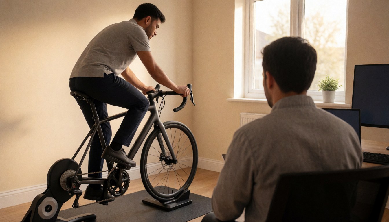 Entraîneur de cyclisme utilisant un vélo connecté pendant qu'un client observe à distance depuis son bureau avec un ordinateur.