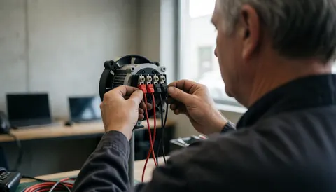 Un technicien en atelier connecte des câbles rouges et noirs à un moteur de ventilateur, avec des murs en béton et une lumière naturelle.