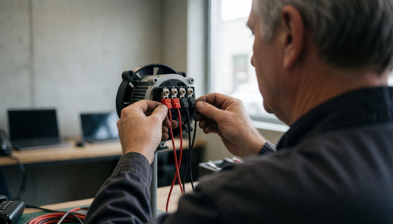 Un technicien en atelier connecte des câbles rouges et noirs à un moteur de ventilateur, avec des murs en béton et une lumière naturelle.