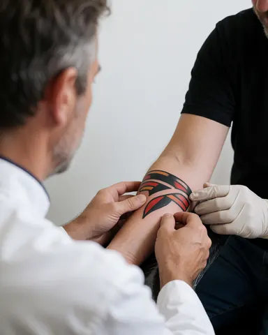 Un client adulte observe son nouveau tatouage traditionnel sur l'avant-bras pendant que l'artiste ajuste le design avec des gants, sur fond blanc.