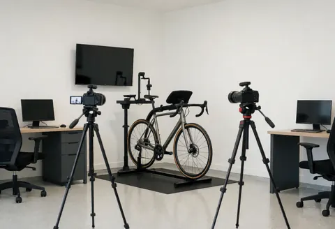 Vélo fixé sur un support d'ajustement, entouré de caméras sur trépieds dans un studio aux murs blancs, évoquant le cyclisme professionnel.