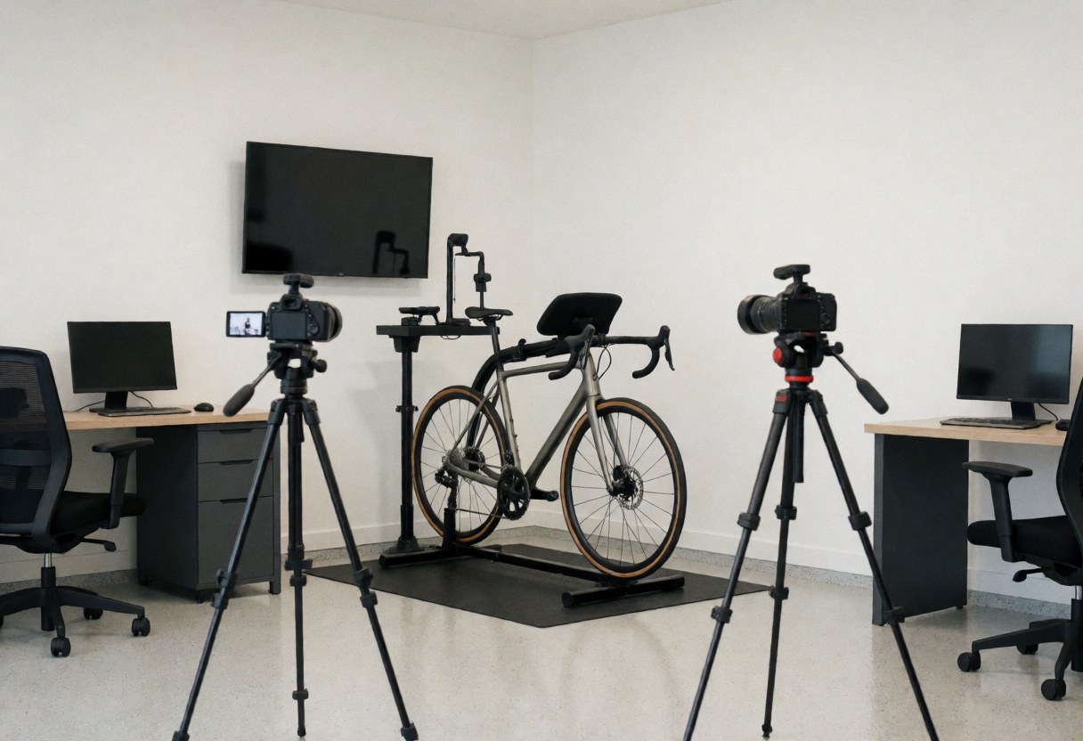 Vélo fixé sur un support d'ajustement, entouré de caméras sur trépieds dans un studio aux murs blancs, évoquant le cyclisme professionnel.