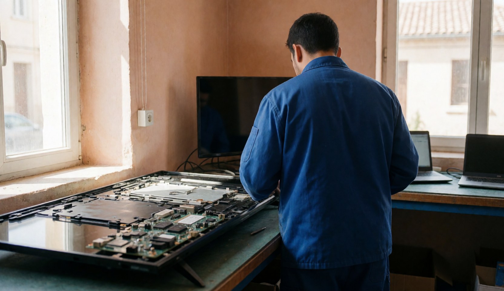 Technicien en uniforme bleu réparant un téléviseur démonté sur une table de travail avec carte mère visible et murs en plâtre terracotta éclairés par lumière naturelle.
