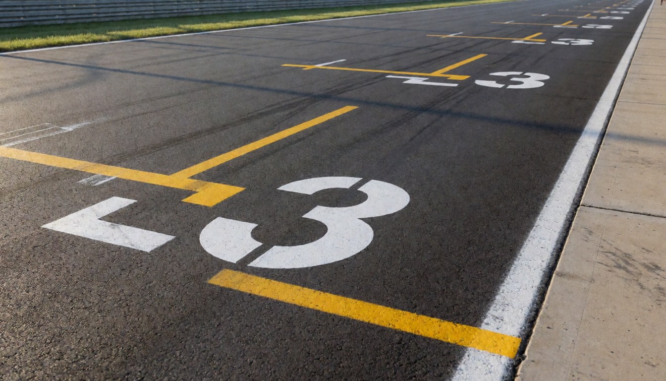 Vue aérienne d'une piste de course asphaltée marquée par des lignes jaunes et le numéro 3, idéale pour illustrer un site web dédié aux circuits automobiles.