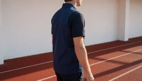 Athlète portant un gilet hydratant bleu sur une piste synthétique rouge avec des murs blancs et une lumière de fin de journée, idéal pour un entraîneur d'athlétisme.