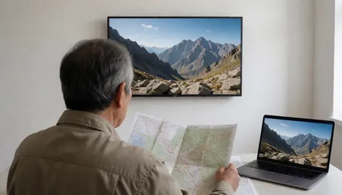 Un homme âgé consulte une carte topographique sur une table, devant une télévision et un ordinateur portable affichant une vue de montagnes dans un refuge.