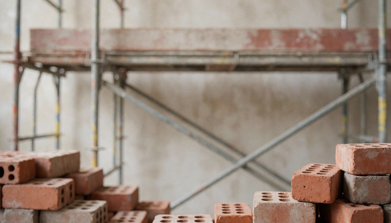 Fond de chantier avec des échafaudages métalliques et des piles de briques rouges, idéal pour superposer du texte sur des images de travaux.
