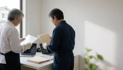 Deux professionnels consultent des classeurs dans un bureau lumineux aux murs blancs, illustrant un service de photocopie et de reliure en action.