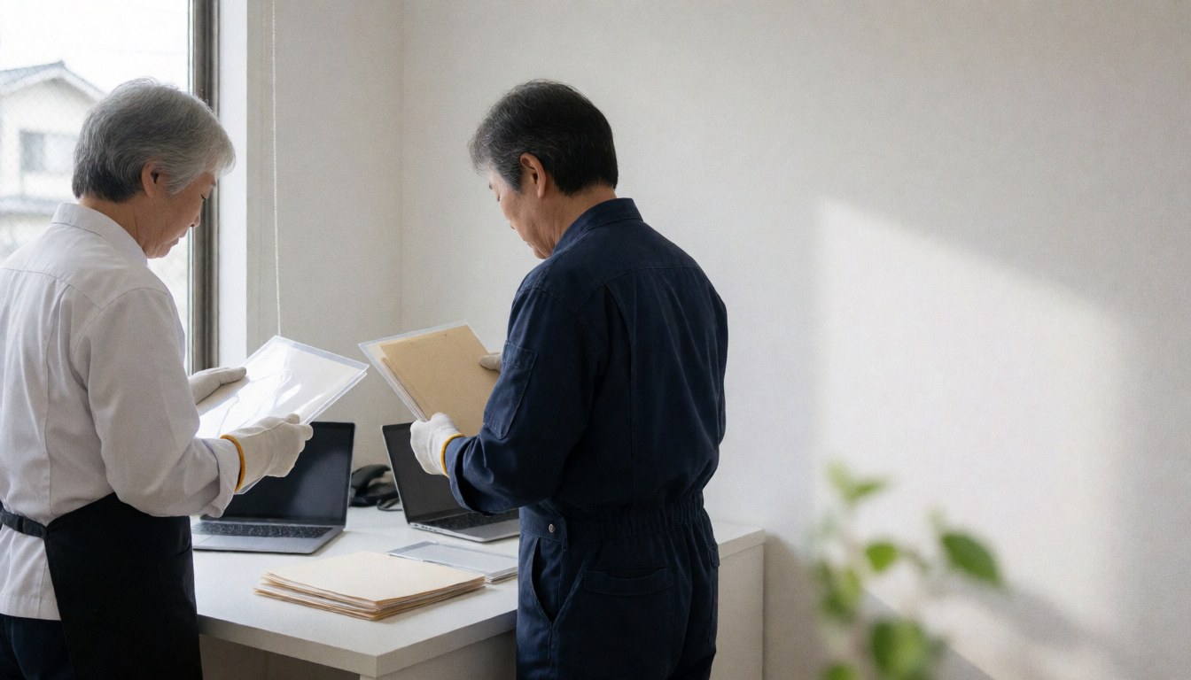 Deux professionnels consultent des classeurs dans un bureau lumineux aux murs blancs, illustrant un service de photocopie et de reliure en action.