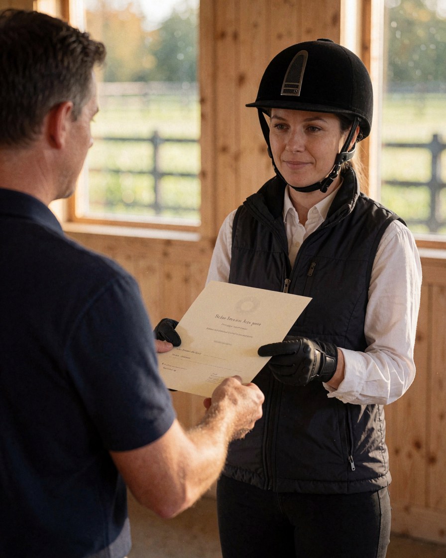 Un instructeur remet un certificat à un client portant un casque et des gants dans un centre équestre intérieur avec des murs en bois et une fenêtre donnant sur l'herbe.