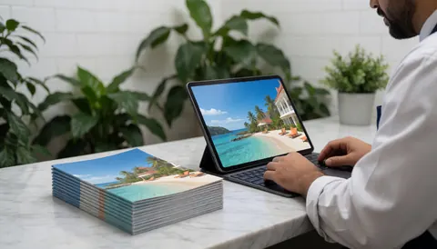 Brochures touristiques et tablette affichant une plage sur une table en marbre, avec un mur de carreaux blancs et des plantes vertes, idéal pour une agence de voyages