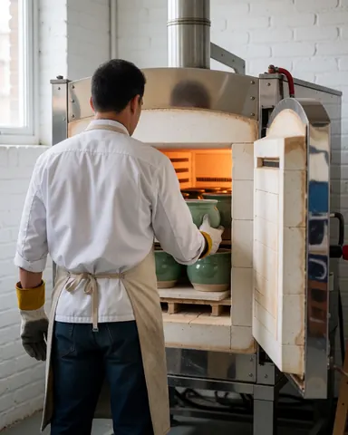 Un ouvrier dépose des pots en céramique verte dans un four de cuisson. L'atelier présente des murs blancs et une lumière naturelle, illustrant le processus de fabrication artisanale.