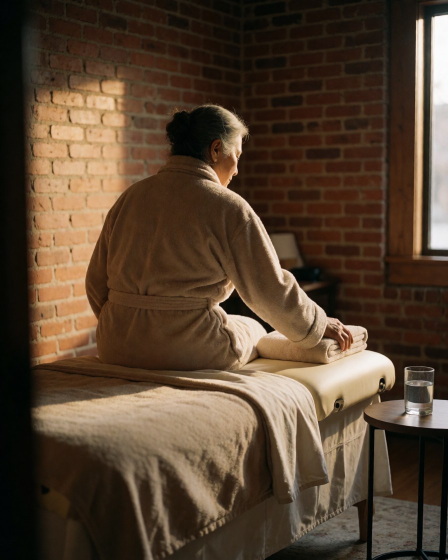 Un homme âgé assis sur une table de massage dans une pièce aux murs de briques, baigné d'une lumière chaude, tenant une tasse d'eau, dans une ambiance relaxante.