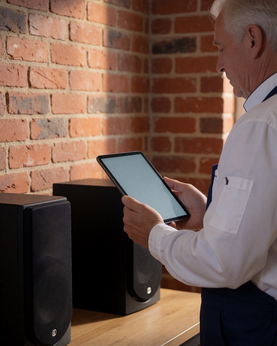 Une cliente adulte souriante tient une tablette face à des haut-parleurs montés sur un mur en briques dans un intérieur à la lumière chaude.