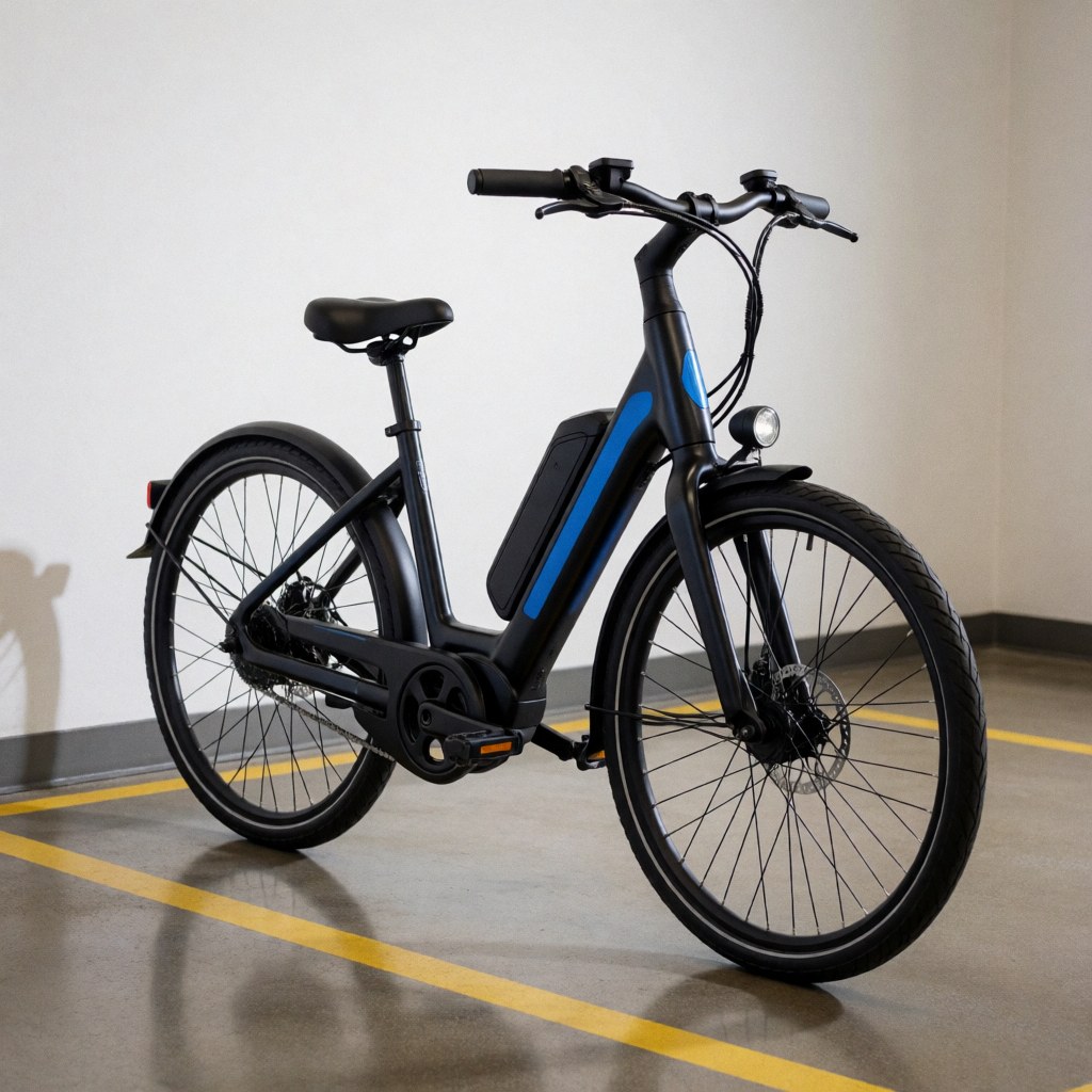 Vélo électrique noir aux accents bleus stationné sur une ligne jaune dans un parking moderne et sécurisé.