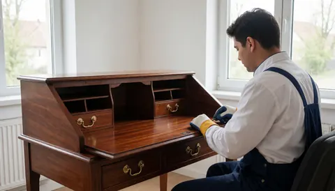 Un professionnel restaure une table de bureau ancienne en bois avec du bronze brillant dans un atelier lumineux aux murs blancs.