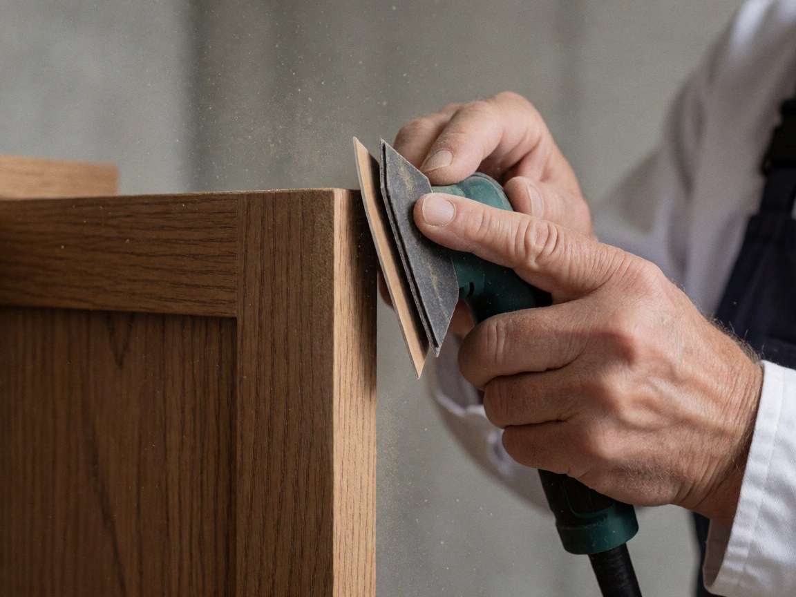 Une main adulte utilise un outil électrique pour poncer le bord d'une porte en bois, avec de la poussière flottant devant un mur en béton, détail pour installateur de cuisines.