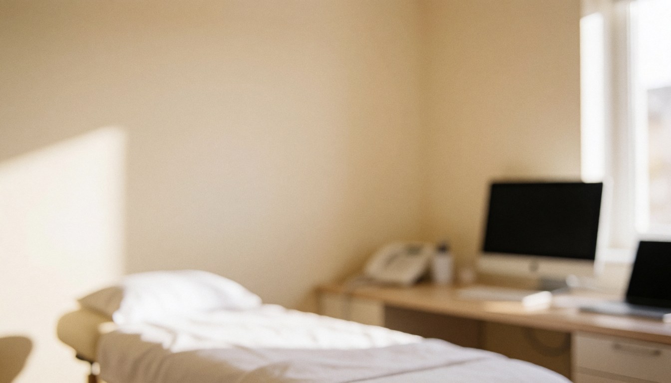 Lit de massage professionnel avec draps blancs, placé dans une pièce aux murs beige et à la lumière naturelle, servant de fond pour des services de bien-être.